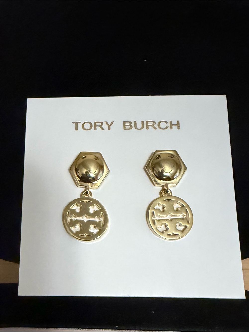 Tory Burch Logo Hexagon Circle Drop Earrings - Picture 2 of 6